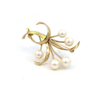 Mikimoto Estate Akoya Pearl Brooch 1.5 x 1" 14k Yellow Gold 6.60-5.50 mm M370
